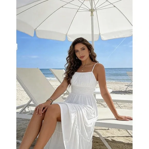 Grace Karin Maxi Sundress Spaghetti Strap White Smocked Pockets lined Size M - Picture 13 of 14